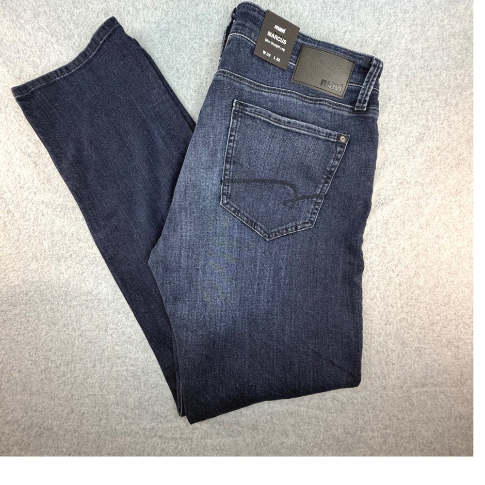 Mavi Marcus Slim Straight Leg Jeans Mens 34x32 Dark Wash Blue Stretch Denim New